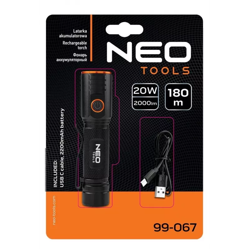 NEO TOOLS USB C 2000 lm CHN LED akkukäyttöinen taskulamppu