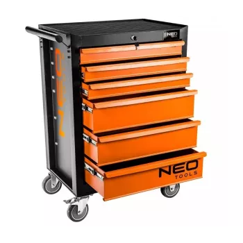 NEO Tools työpajakaappi, 6 laatikkoa, 280 kg kokonaiskuormitus, lukittava, kuulalaakeroidut laatikon kiskot, kaatumissuoja, 4 pyörää, teräs