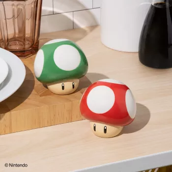 Paladone Super Mario Mushroom suola- ja pippurisirotin-setti (punainen Super-sieni & vihreä 1-Up-sieni)