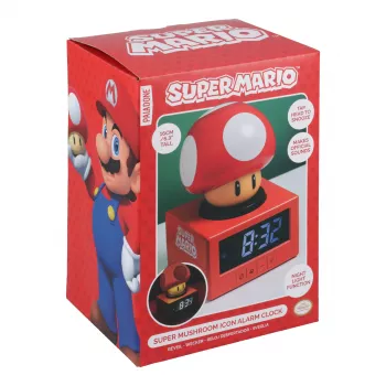 Paladone Super Mario Super Mushroom -herätyskello - digitaalinen LCD, USB-virta, viralliset Nintendo-äänitehosteet, punainen/valkoinen