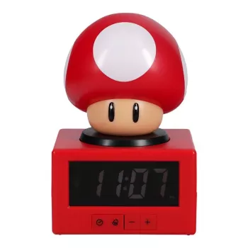 Paladone Super Mario Super Mushroom -herätyskello - digitaalinen LCD, USB-virta, viralliset Nintendo-äänitehosteet, punainen/valkoinen