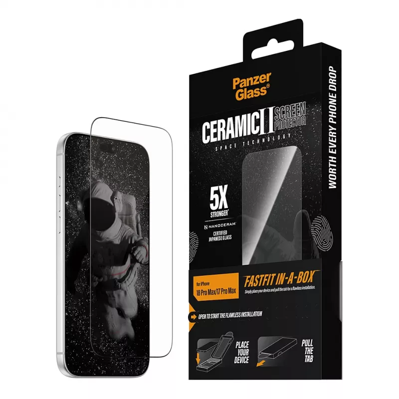 PanzerGlass keraaminen näytönsuojakalvo iPhone 17 Pro Maxille FASTFIT IN-A-BOX