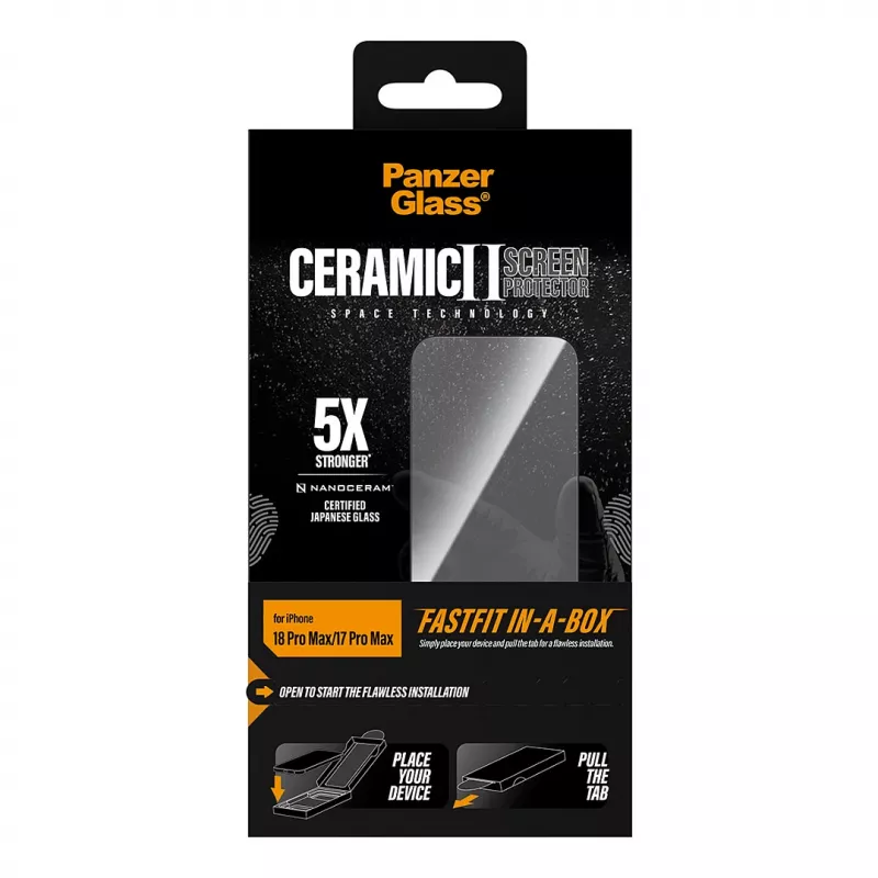 PanzerGlass keraaminen näytönsuojakalvo iPhone 17 Pro Maxille FASTFIT IN-A-BOX