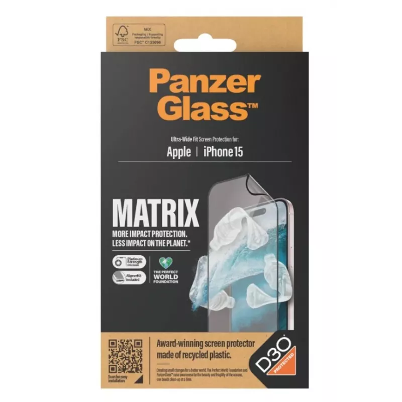 PanzerGlass MATRIX näytönsuoja D3O:lla iPhone 15:lle | Ultra-Wide Fit ja AlignerKit