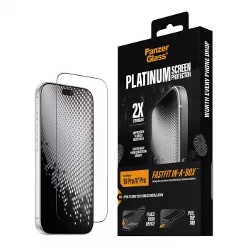 PanzerGlass Platinum näytönsuojakalvo iPhone 17 Pro -puhelimeen FastFit-asennuskehyksellä