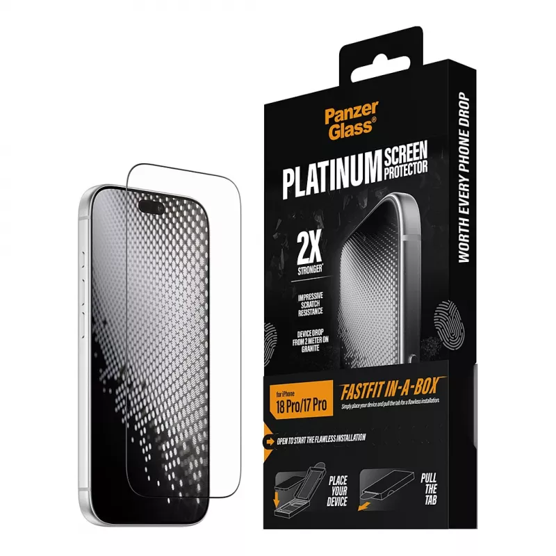 PanzerGlass Platinum näytönsuojakalvo iPhone 17 Pro -puhelimeen FastFit-asennuskehyksellä