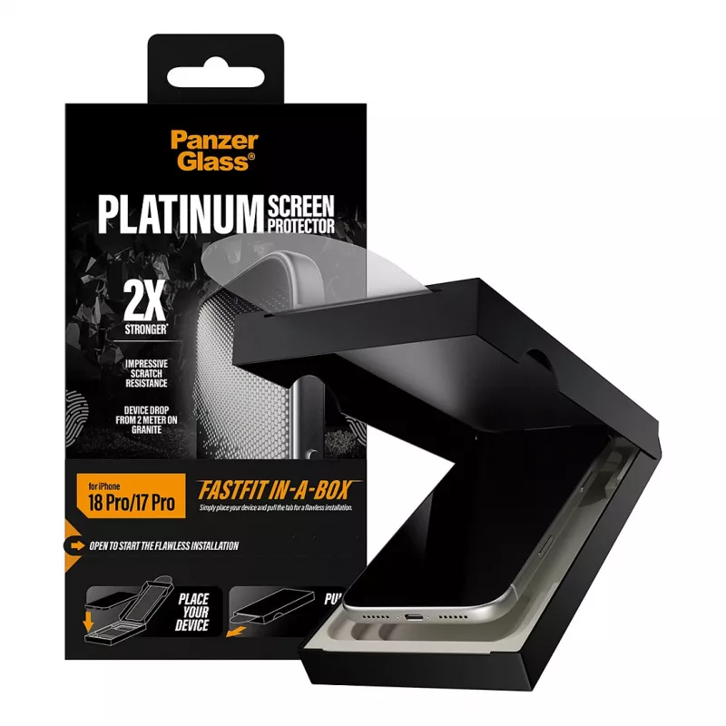 PanzerGlass Platinum näytönsuojakalvo iPhone 17 Pro -puhelimeen FastFit-asennuskehyksellä