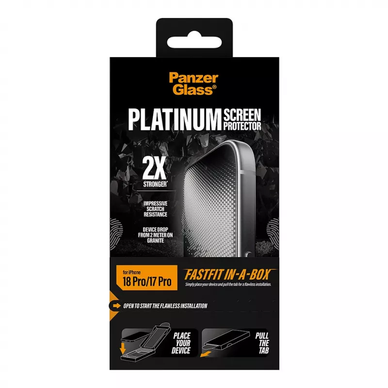 PanzerGlass Platinum näytönsuojakalvo iPhone 17 Pro -puhelimeen FastFit-asennuskehyksellä