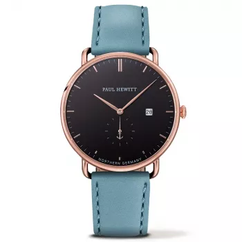 PAUL HEWITT miesten kello The Grand Atlantic Line kvartsikello 42 mm ruusukultainen teräskotelo musta nahkaranneke PHTGARB23S