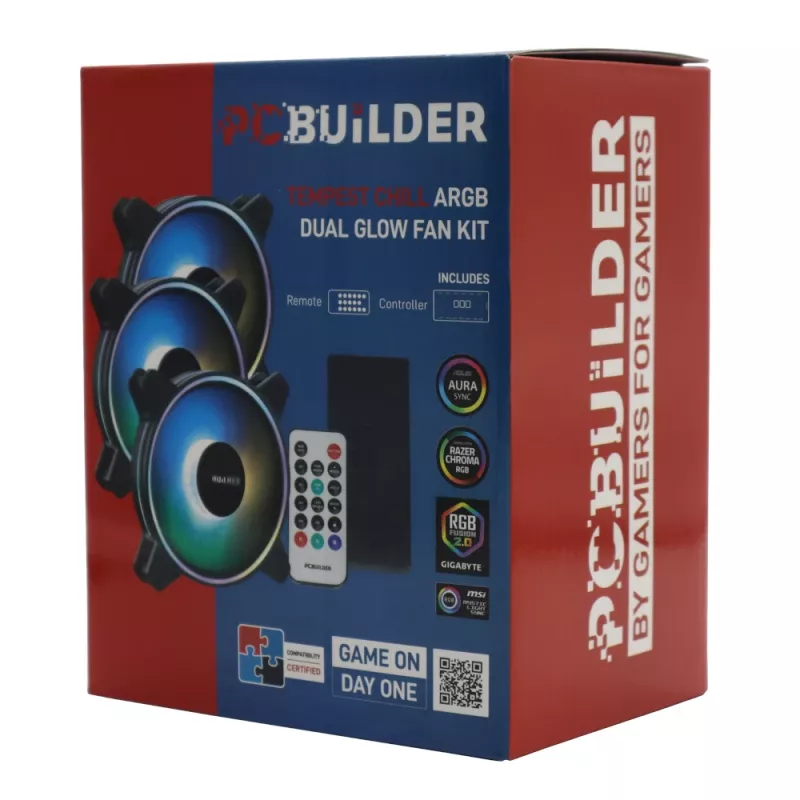 PCBuilder Tempest Chill tuuletinsarja 3x120mm Dual Glow ARGB-tuuletinta + ohjain + RF-kaukosäädin