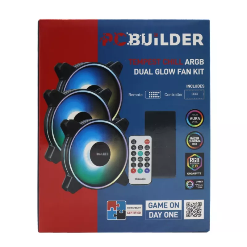 PCBuilder Tempest Chill tuuletinsarja 3x120mm Dual Glow ARGB-tuuletinta + ohjain + RF-kaukosäädin