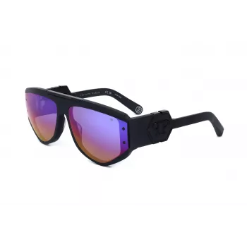 PHILIPP PLEIN SPP093M-703V miesten aurinkolasit, neliömäinen pilot-muoto, musta asetaattikehys, harmaat polykarbonaattilinssit, UV400-suoja, 65/16/145 mm