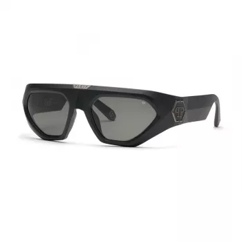 PHILIPP PLEIN SPP153-580U28 miesten suorakaiteen muotoiset aurinkolasit, kiiltävä musta asetaattikehys, savunharmaat polykarbonaattilinssit, 58 mm