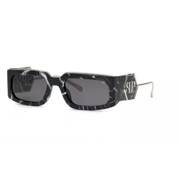 PHILIPP PLEIN unisex aurinkolasit SPP119M580Z21 - musta asetaattikehys, harmaat polykarbonaattilinssit, UV400-suoja