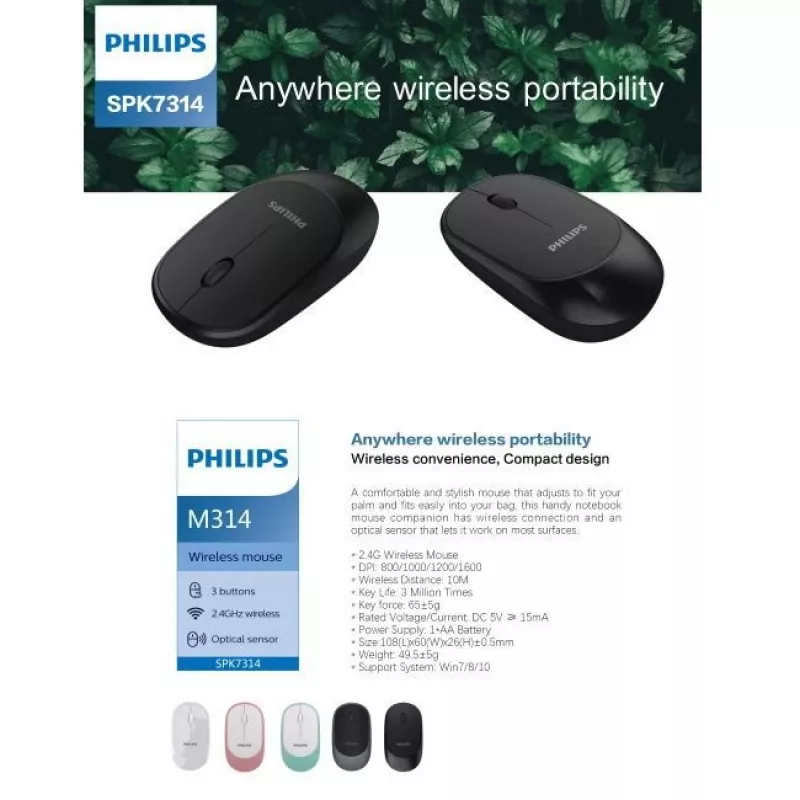 Philips M314 tyylikäs ja kompakti langaton hiiri 3 painiketta 800/1000/1200/1600dpi musta