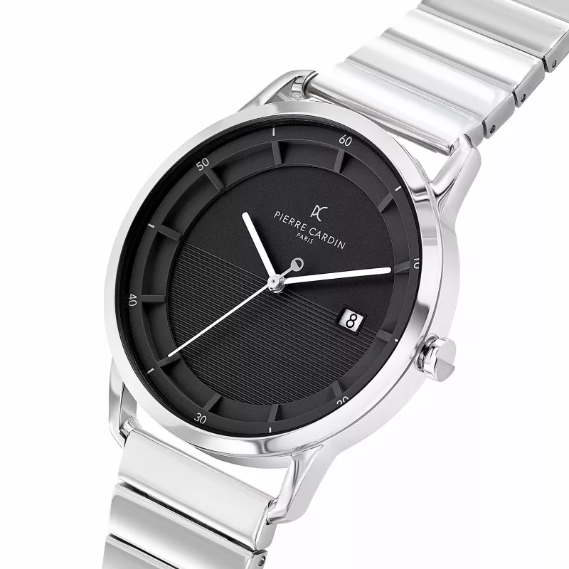 Pierre Cardin miesten analoginen kvartsikello CLC.6006 - 43 mm ruostumaton teräskotelo musta nahkaranneke