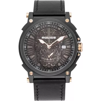 POLICE miesten kvartsi analoginen kello PL15728JSB.02 48 mm ruostumaton teräskotelo musta nahkaranneke