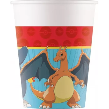 Procos Pokémon paperimukit 8 kpl:n pakkaus 200 ml Pikachu Glumanda Schiggy Bisasam juhlamukit 98401