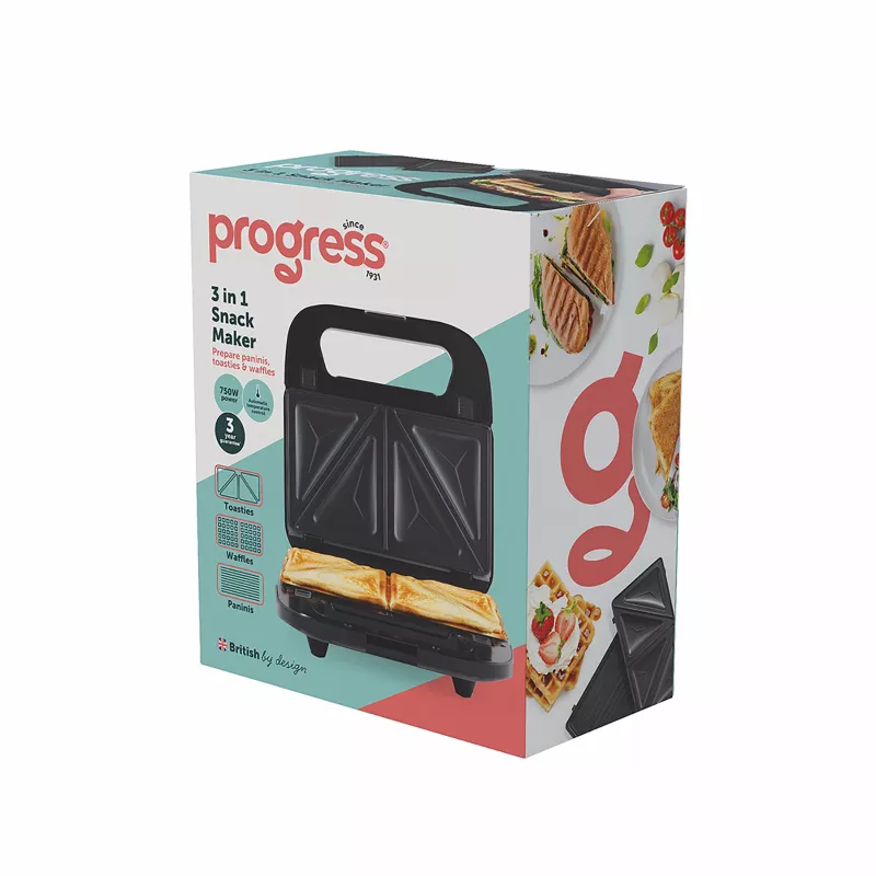 Progress EK6666PVDE 3 in 1 Snack Maker – vohveli-, voileipä- ja donitsikone, 900W, musta