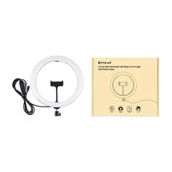 PULUZ PU656B 10 tuuman LED-rengasvalo puhelinpidikkeellä ja jalustalla, 12W, 3000K-6500K, USB-virta, live-suoratoistoon, TikTokiin, YouTubeen, meikkaukseen, valokuvaukseen