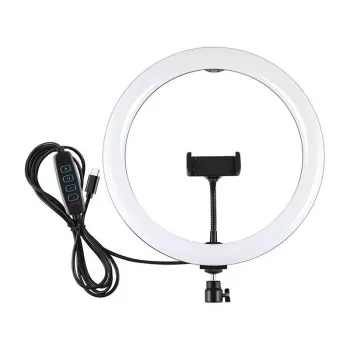 PULUZ PU656B 10 tuuman LED-rengasvalo puhelinpidikkeellä ja jalustalla, 12W, 3000K-6500K, USB-virta, live-suoratoistoon, TikTokiin, YouTubeen, meikkaukseen, valokuvaukseen