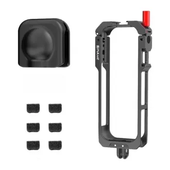 PULUZ PU759B alumiininen suojakehikko Insta360 X5 -toimintakameralle 1/4 tuuman 20 kierteillä ja cold shoe -kiinnikkeellä