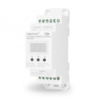 MiBoxer D3-T 3-kanavainen DMX512/RDM-LED-dekooderi, DIN-kisko, 12–48 V DC