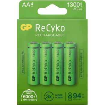 GP ReCyko AA NiMH-akut, 1300 mAh, 1,2 V, 4 kpl:n pakkaus