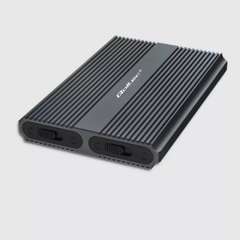 Qoltec Dual M.2 NVMe SATA SSD kotelo USB-C 3.2 Gen 2, työkaluton alumiini, tukee 2x2TB, UASP, TRIM, 10Gbps