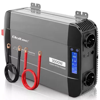 Qoltec puhdas siniaalto -invertteri 12V -> 230V 1500W/3000W LCD:llä, USB:lla, USB-C:llä LiFePO4 GEL AGM:lle