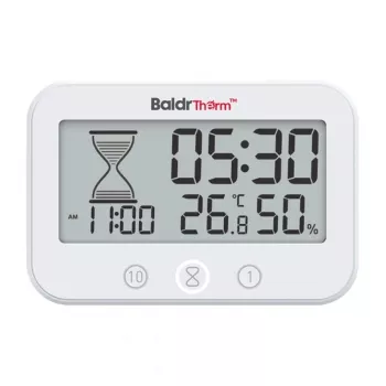 RAINPOINT BALDRTHERM B0549STH kylpyhuoneajastin lämpötila- ja kosteusmittarilla, IP24 roiskesuojaus, countdown/count-up, LCD-taustavalo, imukuppi/jalusta/seinäkiinnitys