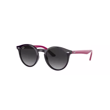 Ray-Ban Junior RJ9064S70218G lasten aurinkolasit, pyöreä, läpinäkyvä pinkki kehys, harmaat liukuvärilinssit, 44 mm