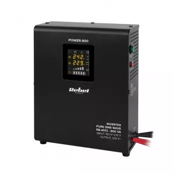 Rebel POWER-800 seinäasennettava varavirtalähde – puhdas siniaaltoinen invertteri 12V lataustoiminnolla, 230V, 800VA/500W