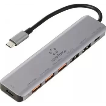 Renkforce RF-7465828 USB-C 6-in-1 -keskitin, 3x USB-A 3.0, USB-C data, 4K HDMI, 100W PD, harmaa
