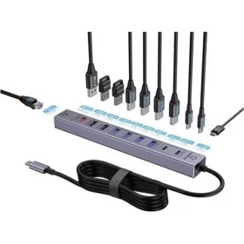 Renkforce RF-7465830 sisäinen USB-C 10-porttinen USB 3.0 -keskitin, 5 Gbit/s, SATA-virransyöttö, harmaa