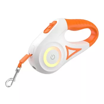 ROJECO RQYS-04 ORG automaattinen koiran hihna LED-valolla, 5 m nauha, valkoinen ja oranssi, koirille enintään 30 kg