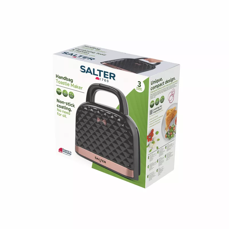 Salter EK3677FVDE käsilaukkumallinen voileipägrilli, 2 voileivälle, tarttumattomat levyt, jopa 200°C, ruusukultaiset yksityiskohdat