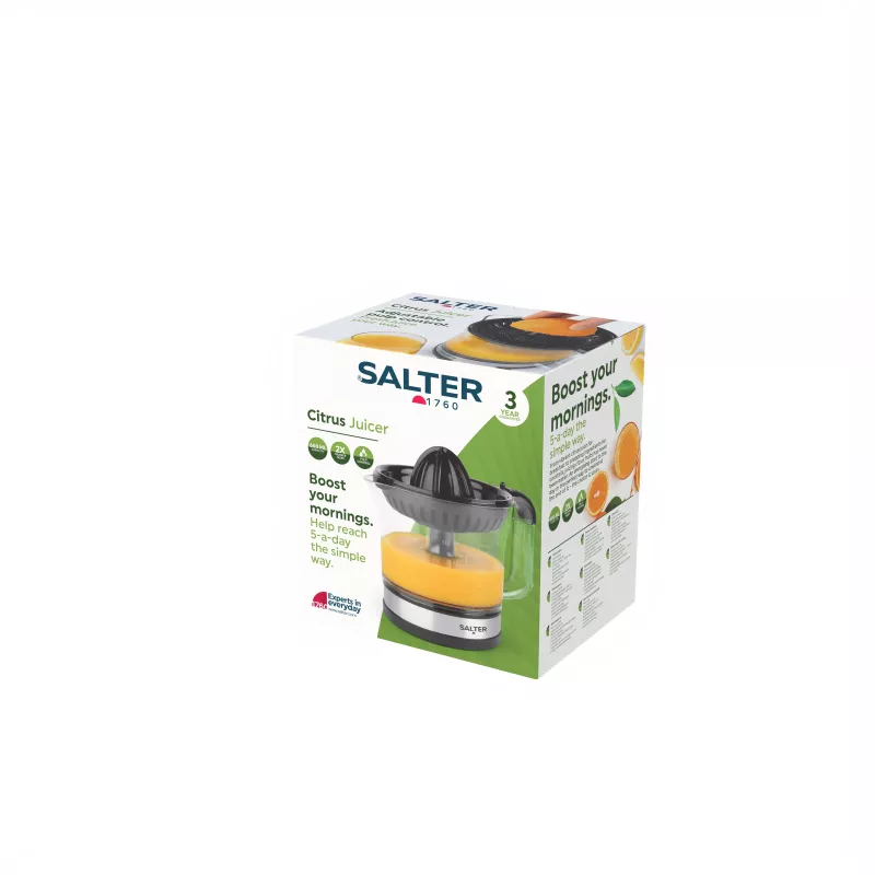 Salter EK5025FVDE sähkökäyttöinen sitruspuristin, 600 ml:n kannu, 2 puristuskartiota