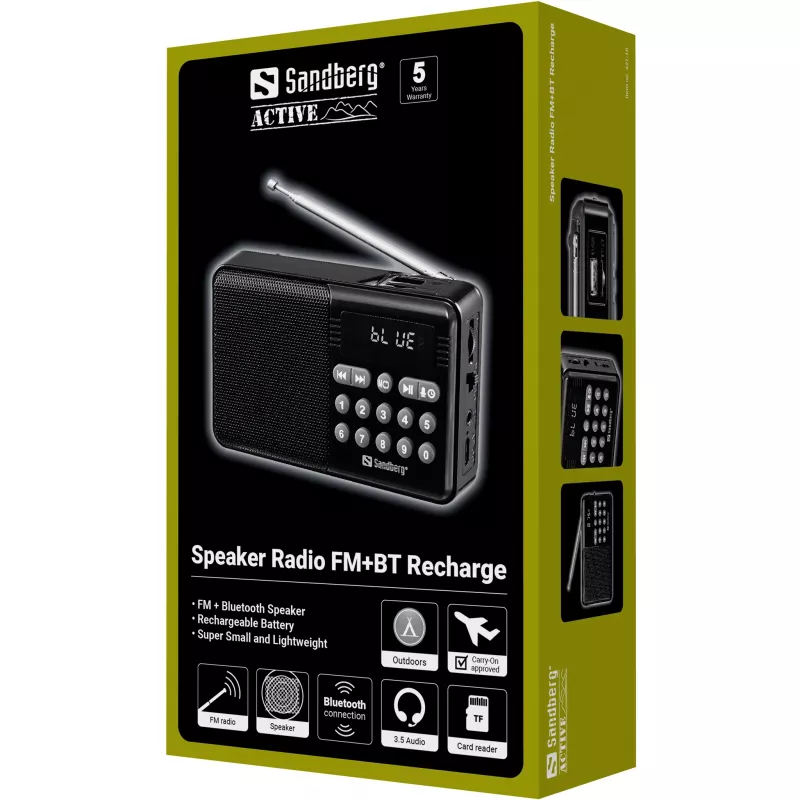 SANDBERG Speaker Radio FM+BT Recharge kannettava Bluetooth-kaiutin FM-radiolla, AUX, USB, MicroSD, 6W, musta