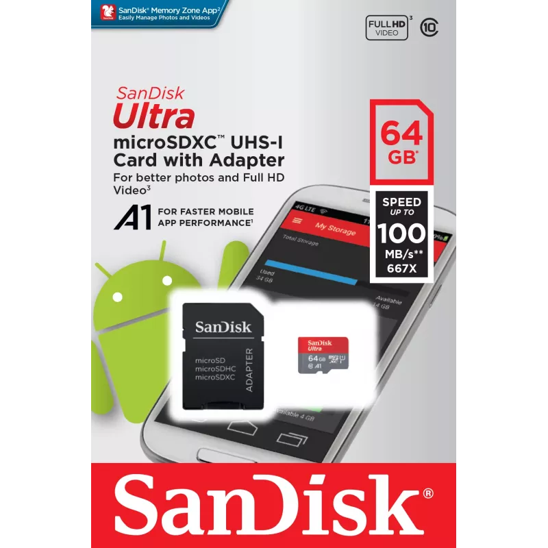 SanDisk Ultra 64GB microSDXC-muistikortti SD-sovittimella