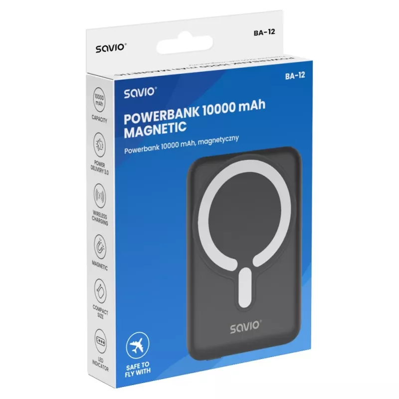 Savio BA-12 magneettinen langaton varavirtalähde 10000 mAh musta