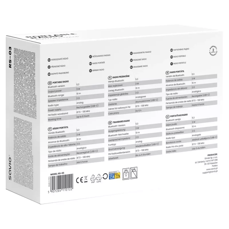 SAVIO RS-03 kannettava radio FM/AM MP3 USB/SD-toistolla, pinkki