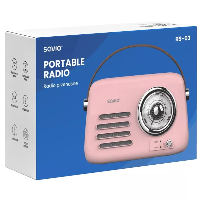 SAVIO RS-03 kannettava radio FM/AM MP3 USB/SD-toistolla, pinkki