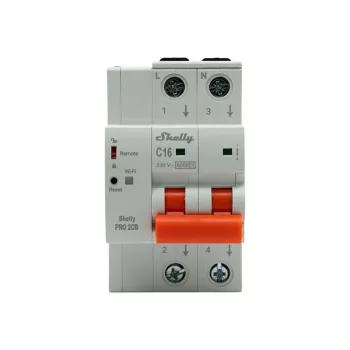 Shelly Pro 2CB C16 älykäs miniatyyri-johdonsuojakatkaisija, 2-napainen, 16A, C-käyrä, 6kA, WLAN/LAN/Bluetooth, energiamittaus, DIN-kisko