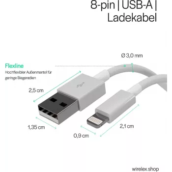 SHIVERPEAKS Flexline USB lataus- ja synkronointikaapeli, USB-A–8-pin (Lightning), 2.0, ABS, valkoinen, 1,5 m (FL31-12042)