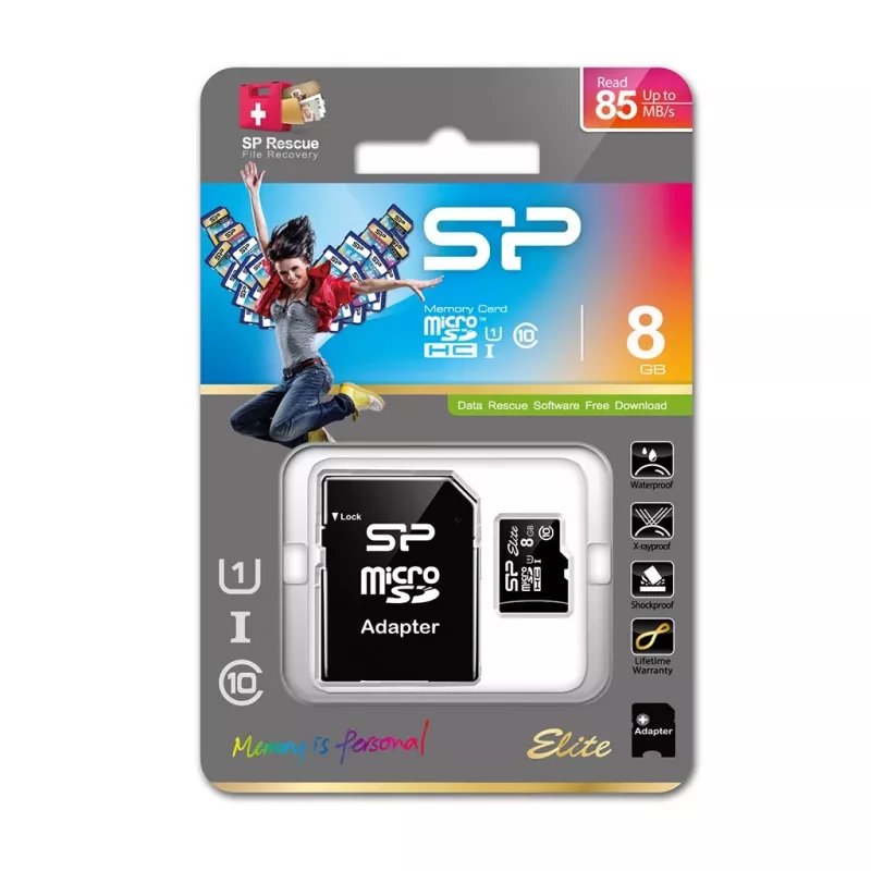 Silicon Power Elite 8GB microSDHC UHS-I U1 V10 muistikortti SD-adapterilla