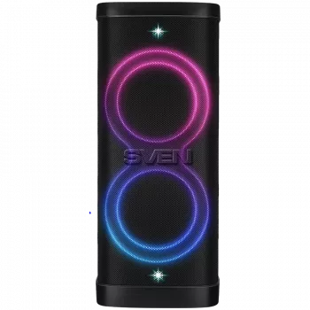 Party-Box-kaiutin SVEN PS-1250, musta (300W, TWS, IPx4, Bluetooth, FM, USB, microSD, LED-näyttö, 13500mAh)