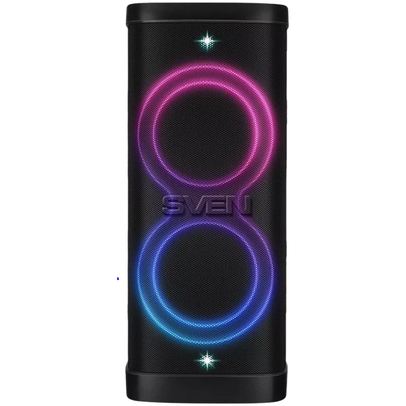 Party-Box-kaiutin SVEN PS-1250, musta (300W, TWS, IPx4, Bluetooth, FM, USB, microSD, LED-näyttö, 13500mAh)
