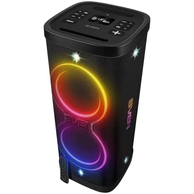 Party-Box-kaiutin SVEN PS-1250, musta (300W, TWS, IPx4, Bluetooth, FM, USB, microSD, LED-näyttö, 13500mAh)