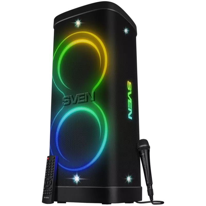 Party-Box-kaiutin SVEN PS-1250, musta (300W, TWS, IPx4, Bluetooth, FM, USB, microSD, LED-näyttö, 13500mAh)